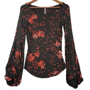 Free People Women's Black and Red Floral Bodycon Top Size L